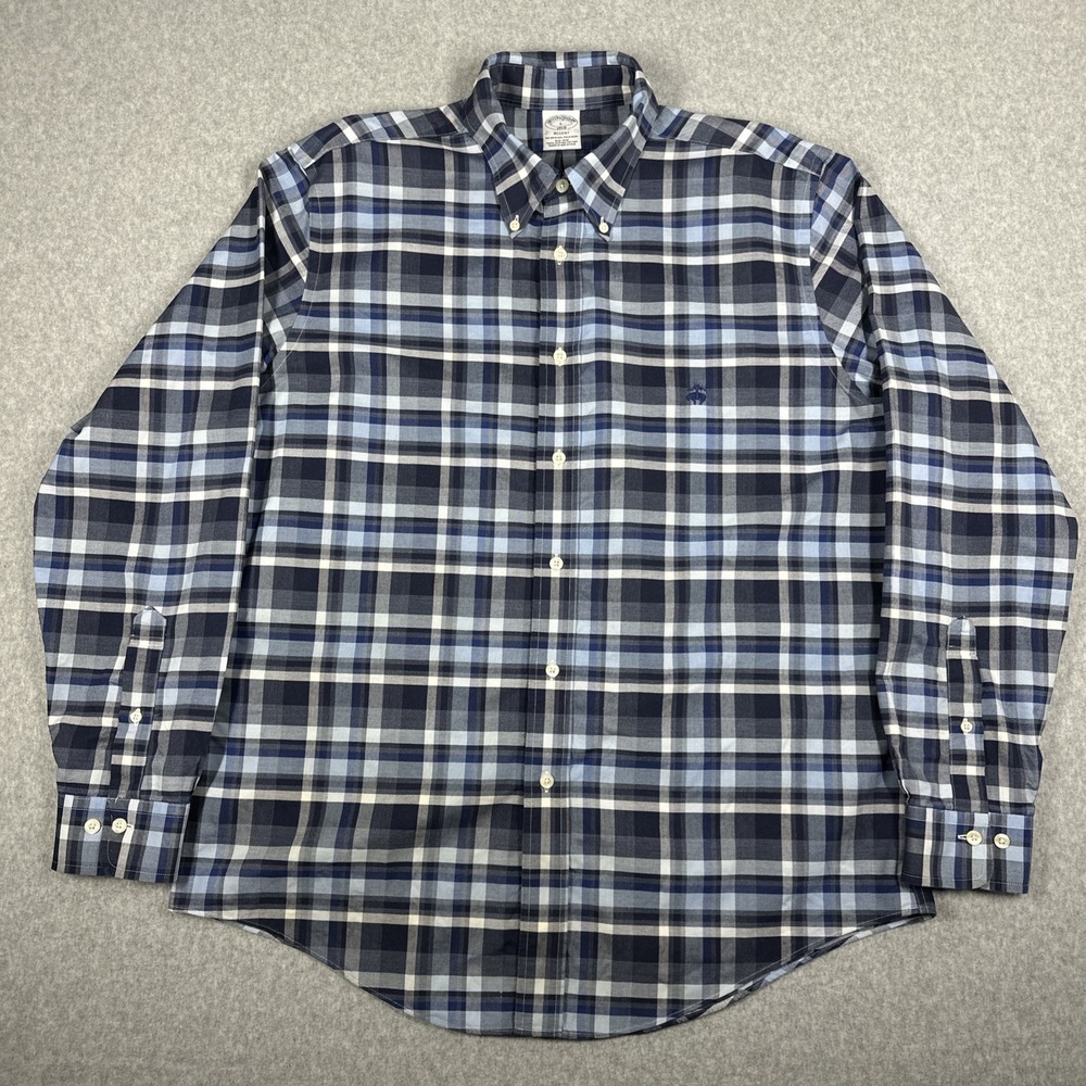 Brooks Brothers Regent Pima Button Down Shirt Men's Large Blue Plaid Sheep Logo